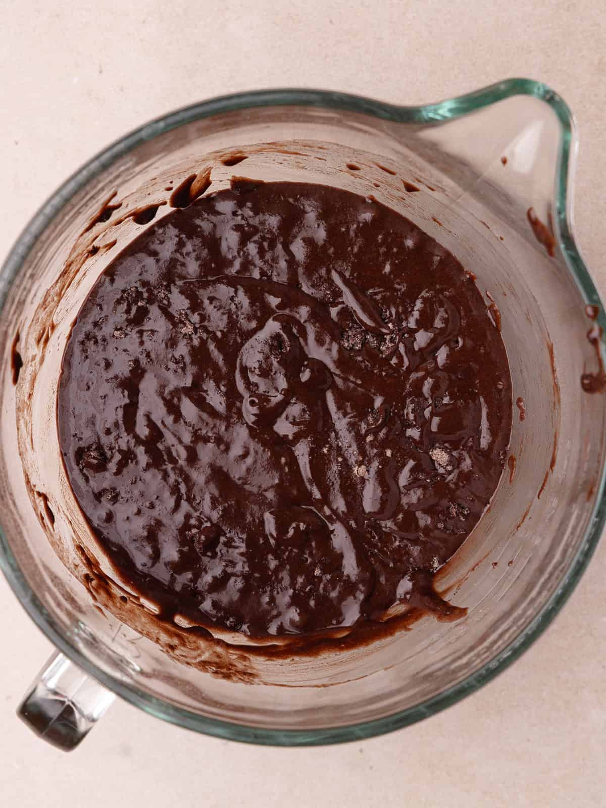 The chocolate cake batter is combined until just combined.