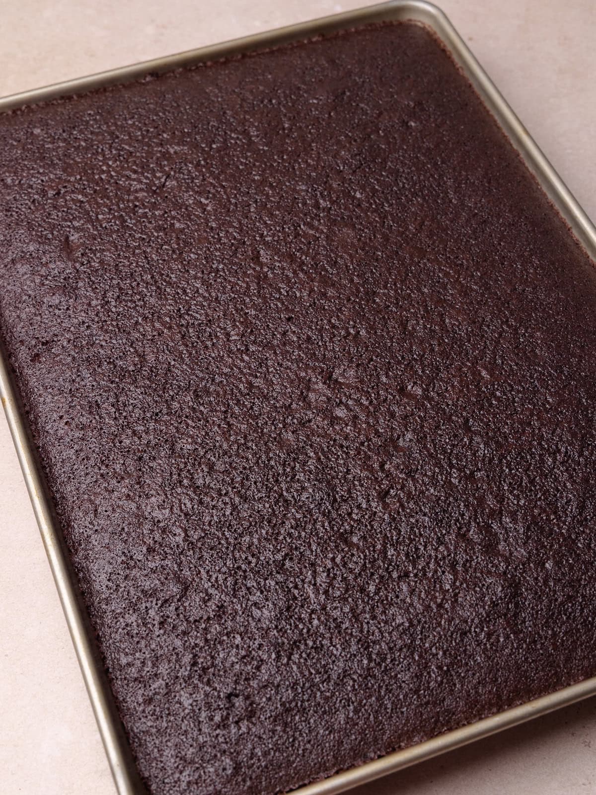 The chocolate cake is baked in a half sheet pan and sitting on a wire rack to cool.