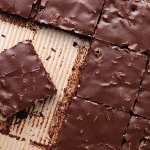 Dark chocolate sheet cake, also known as Texas sheet cake, is topped with a dark chocolate icing and chocolate sprinkles, are cut into small squares.