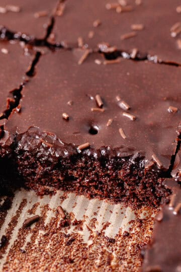 Dark chocolate sheet cake, also known as Texas sheet cake, is topped with a dark chocolate icing and chocolate sprinkles, are cut into small squares.