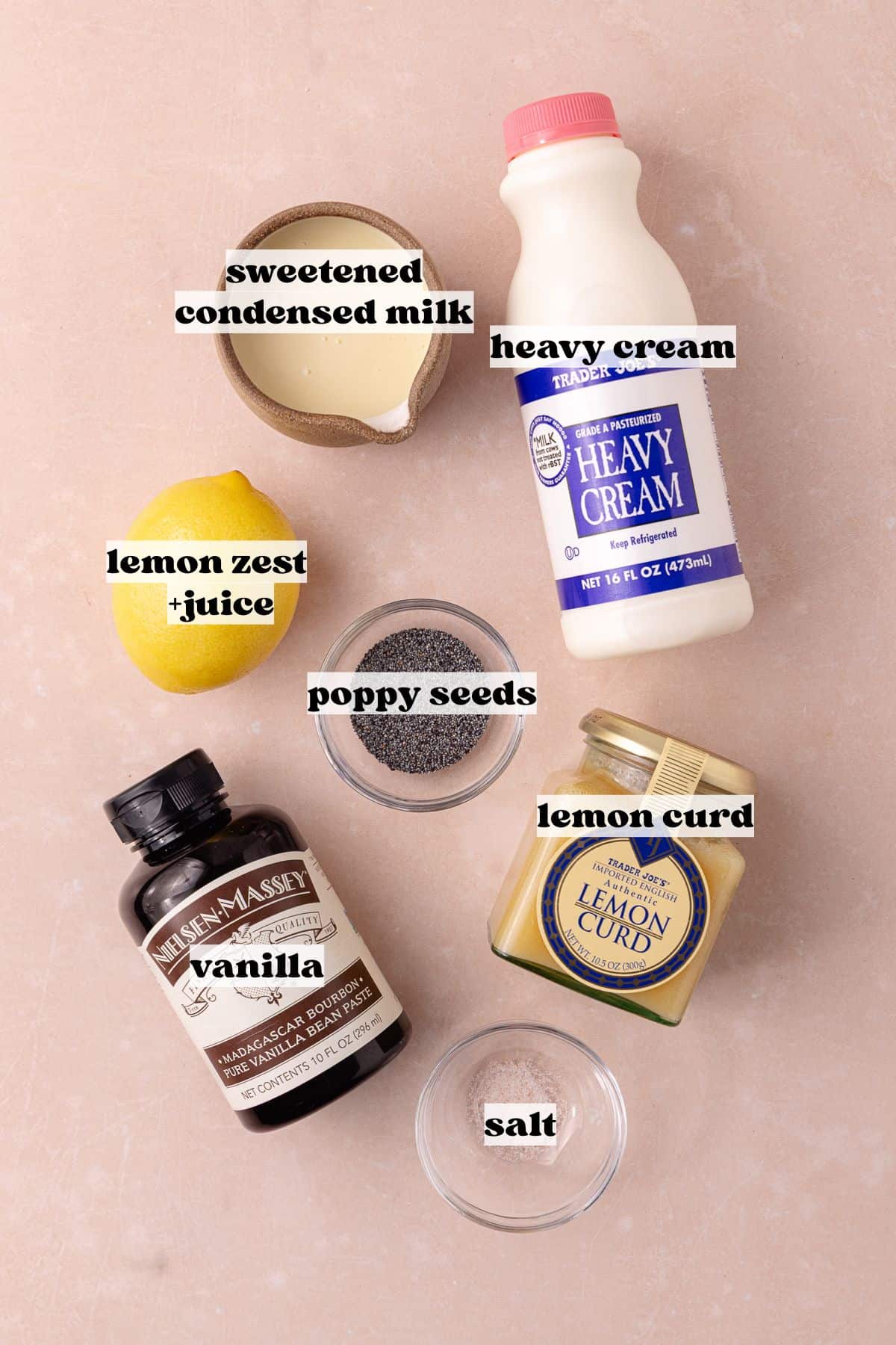 No-churn lemon poppy seed ice cream ingredients which include, heavy cream, lemon curd, sweetened condensed milk, lemon zest, lemon juice, salt, vanilla and poppy seeds.