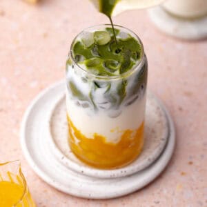 Peach matcha boba tea made with homemade peach boba pearls.