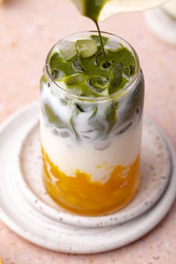 Peach matcha boba tea made with homemade peach boba pearls.