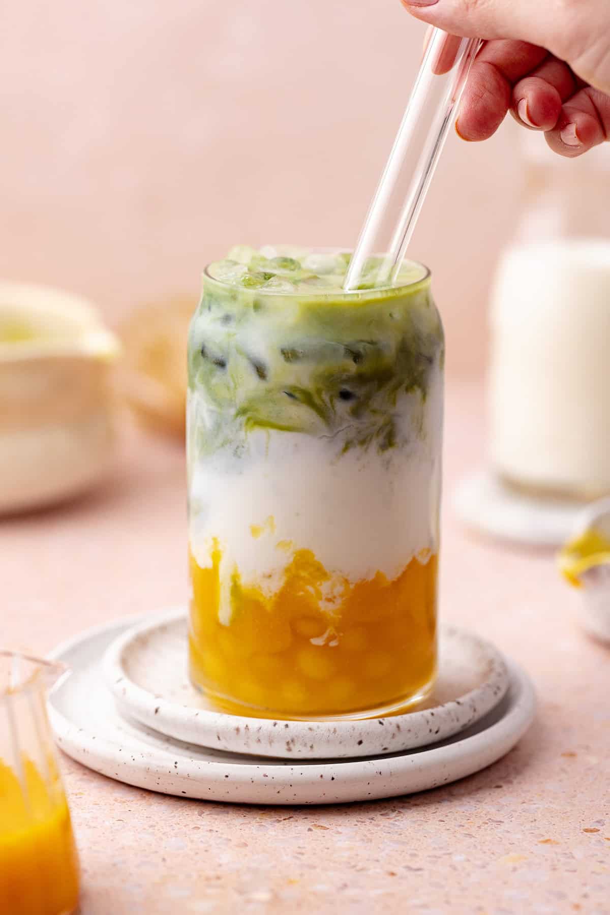 Peach matcha boba tea made with homemade peach boba pearls.