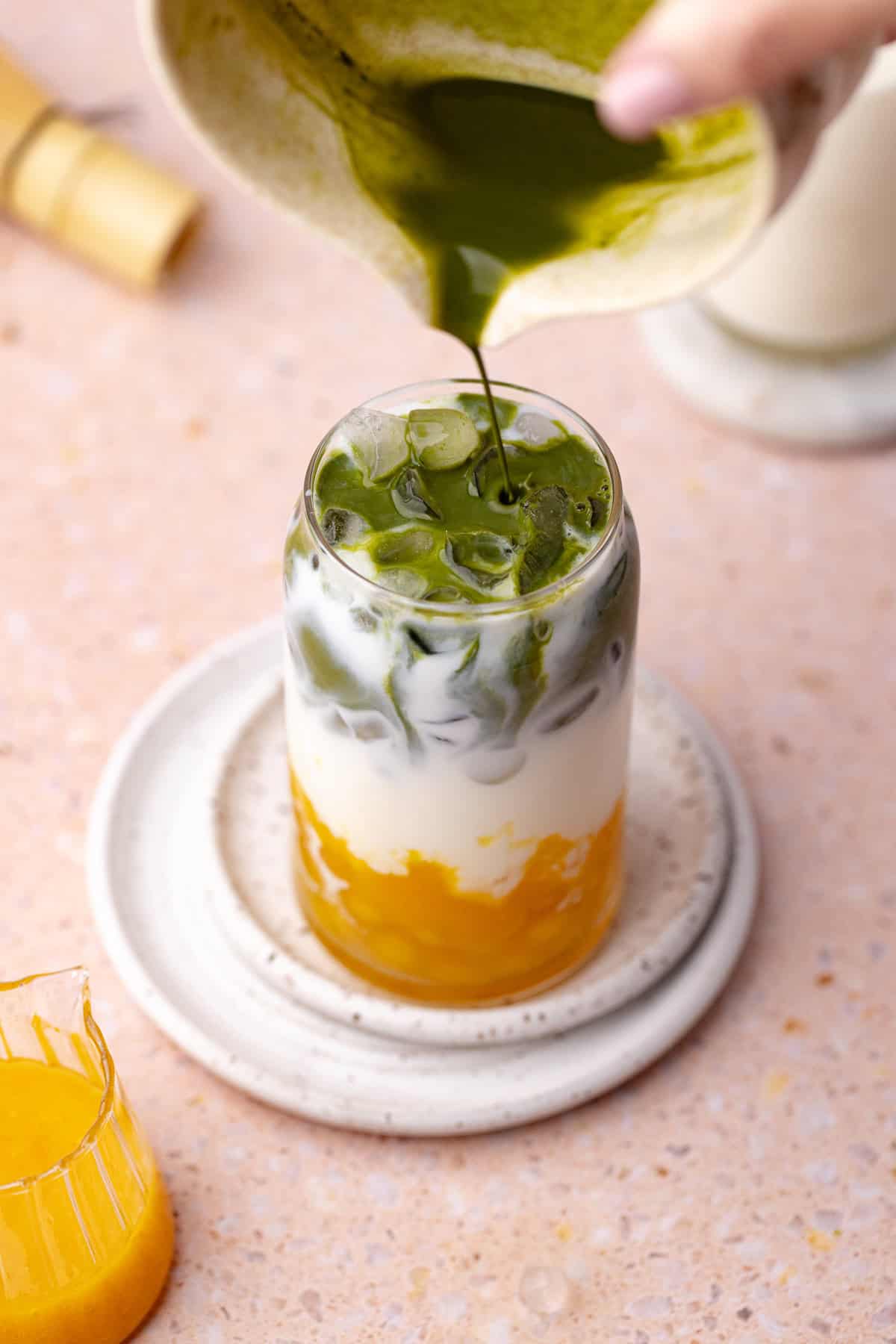 Peach matcha boba tea made with homemade peach boba pearls.