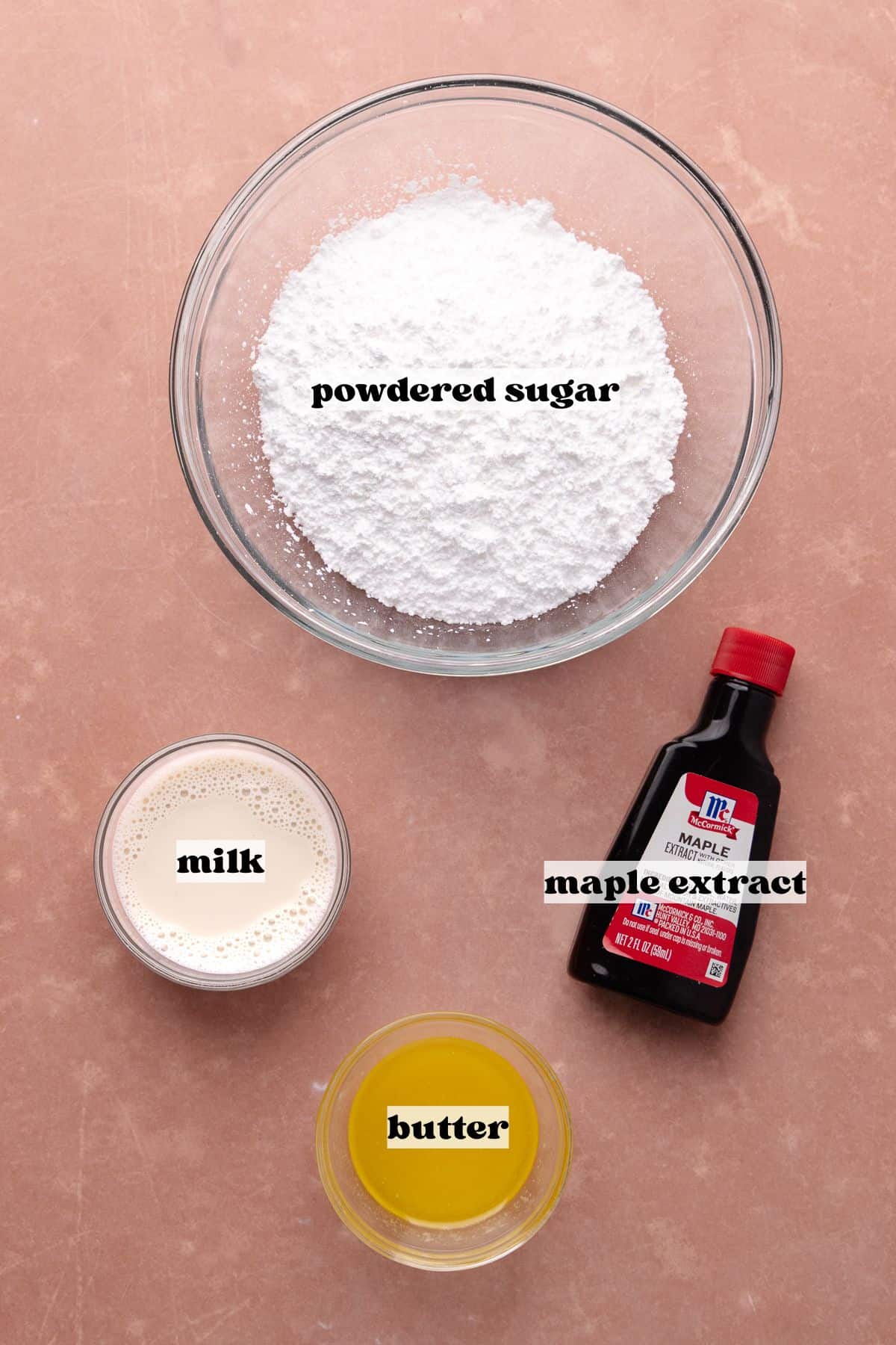 Maple glaze ingredients include powdered sugar, melted butter, milk and maple extract.