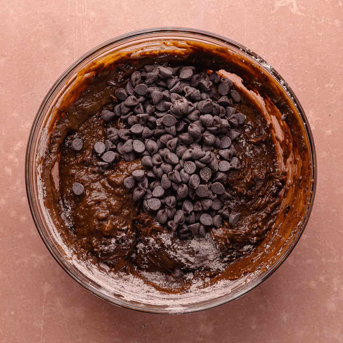 Semi-sweet chocolate chips are added to the chocolate pumpkin bread batter.