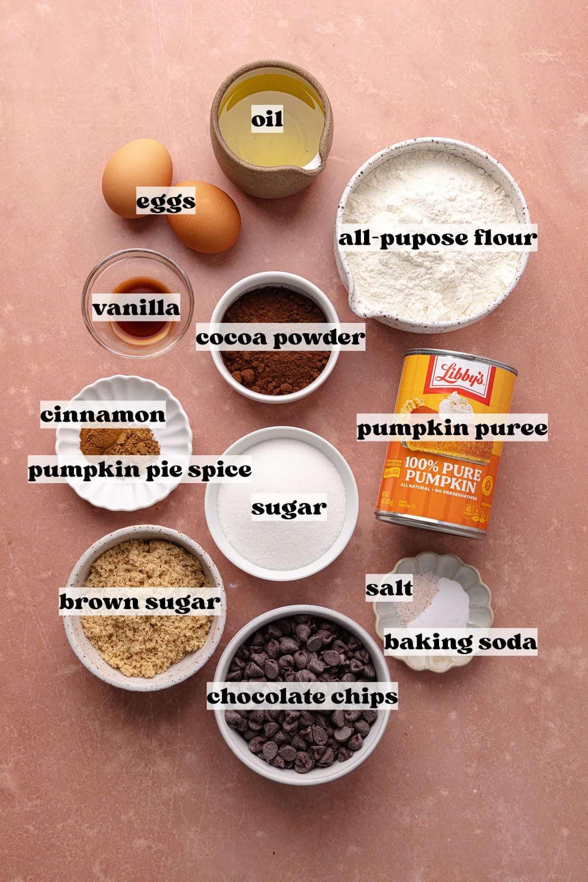 Chocolate pumpkin bread ingredients which include, all purpose flour, cocoa powder, baking soda, salt, cinnamon, pumpkin pie spice, white sugar, brown sugar, pure pumpkin puree, eggs, oil, chocolate chips and vanilla extract.