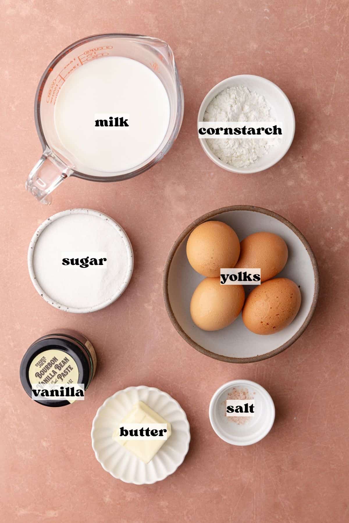 Easy vanilla pastry cream ingredients which include, sugar, cornstarch, salt, milk, yolks, butter and vanilla paste.